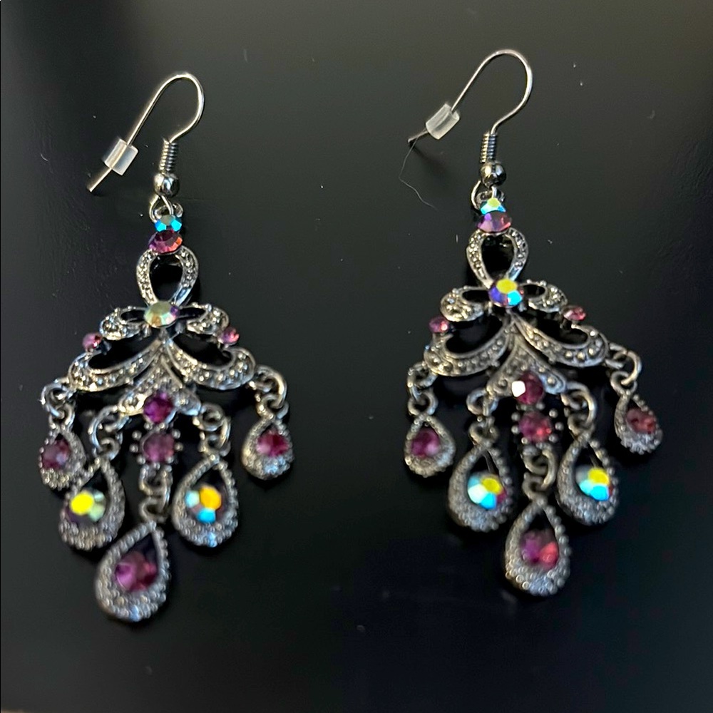 Vintage Watermelon rhinestone Chandelier Earrings gun metal tone